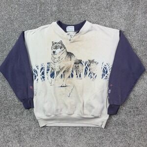 Vintage Artisan Wolf Sweatshirt Mens Large Beige Nature Crewneck Up North UP